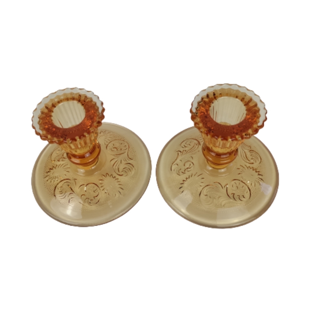 VTG Westmoreland Amber glass candlestick holders princess feather lot of 2